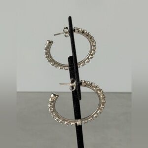 Pretty Silvertone Rhinestone Boho Vintage Hoop Earrings